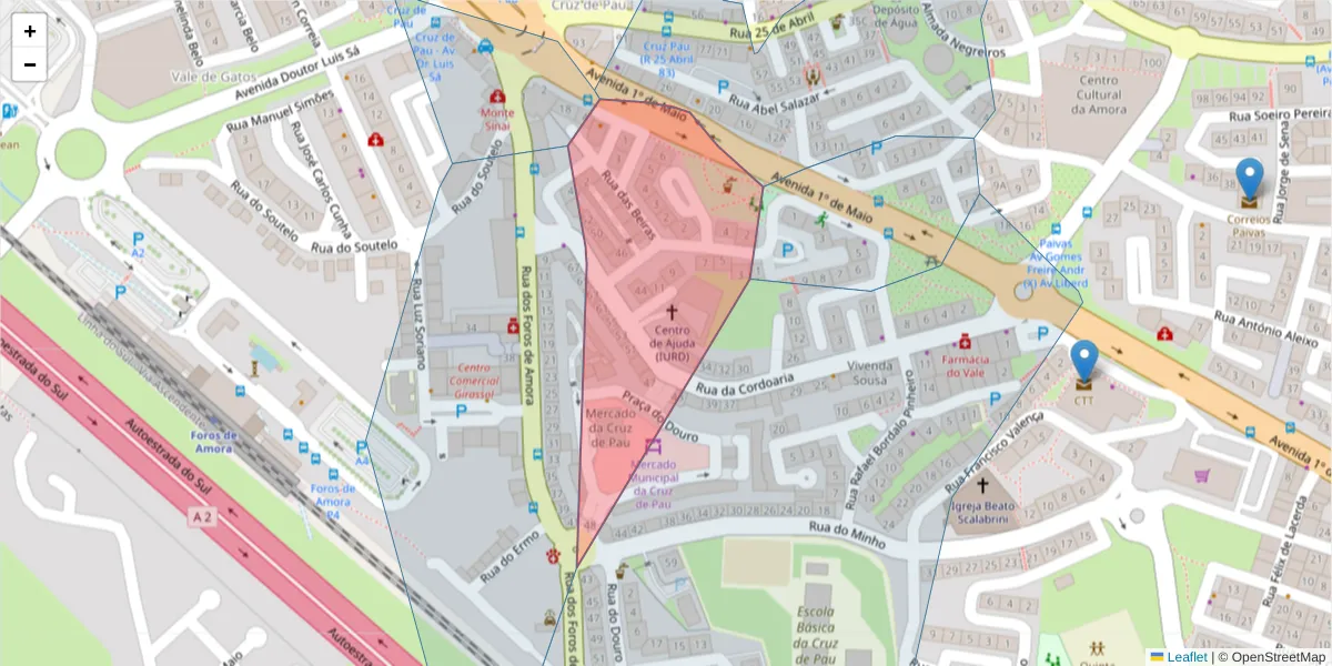 Mapa detalhado do código postal 2845-059 com limites, códigos postais vizinhos e agências dos correios