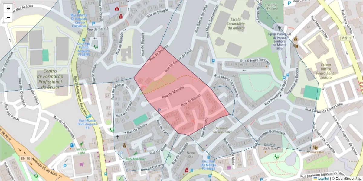 Mapa detalhado do código postal 2845-082 com limites, códigos postais vizinhos e agências dos correios