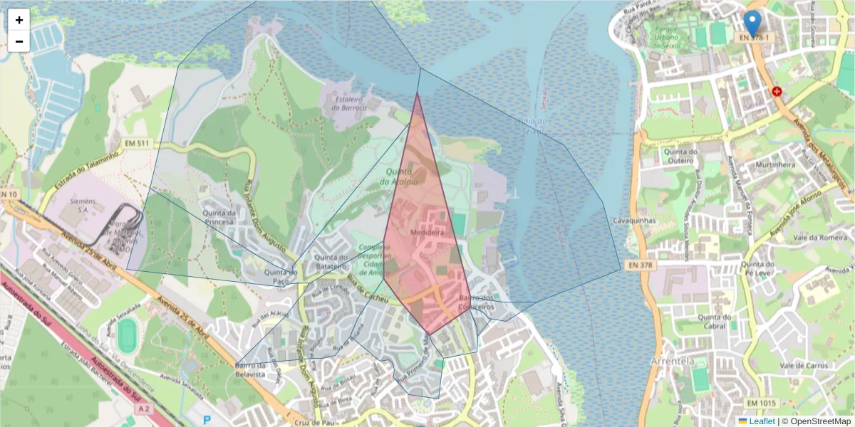 Mapa detalhado do código postal 2845-125 com limites, códigos postais vizinhos e agências dos correios
