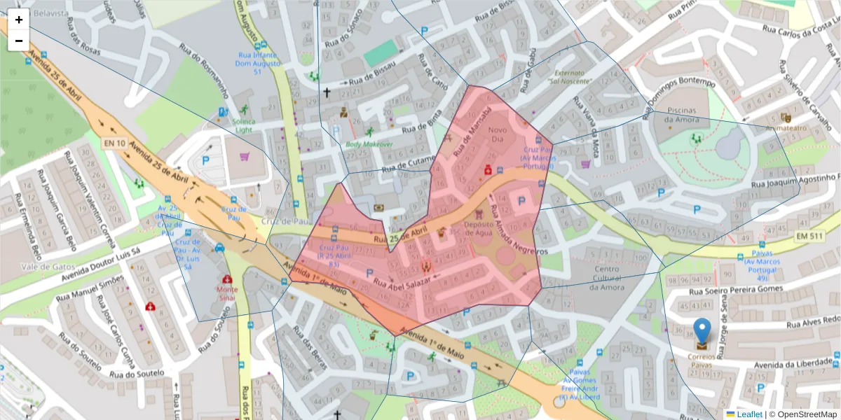 Mapa detalhado do código postal 2845-137 com limites, códigos postais vizinhos e agências dos correios