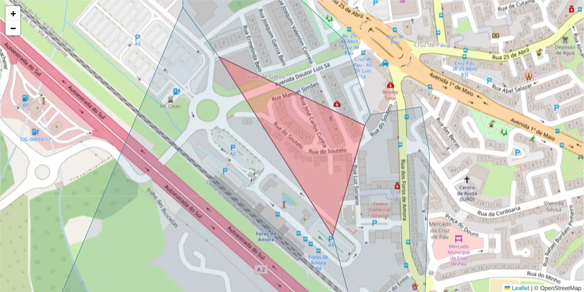 Mapa detalhado do código postal 2845-156 com limites, códigos postais vizinhos e agências dos correios