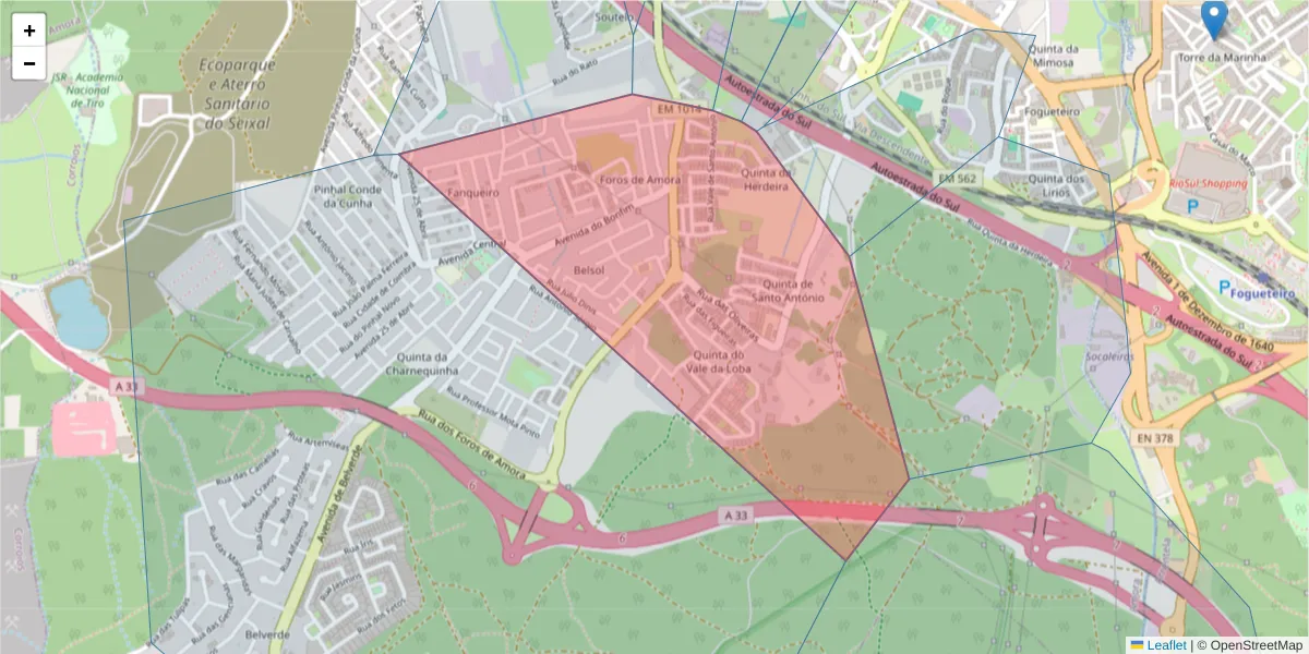 Mapa detalhado do código postal 2845-220 com limites, códigos postais vizinhos e agências dos correios