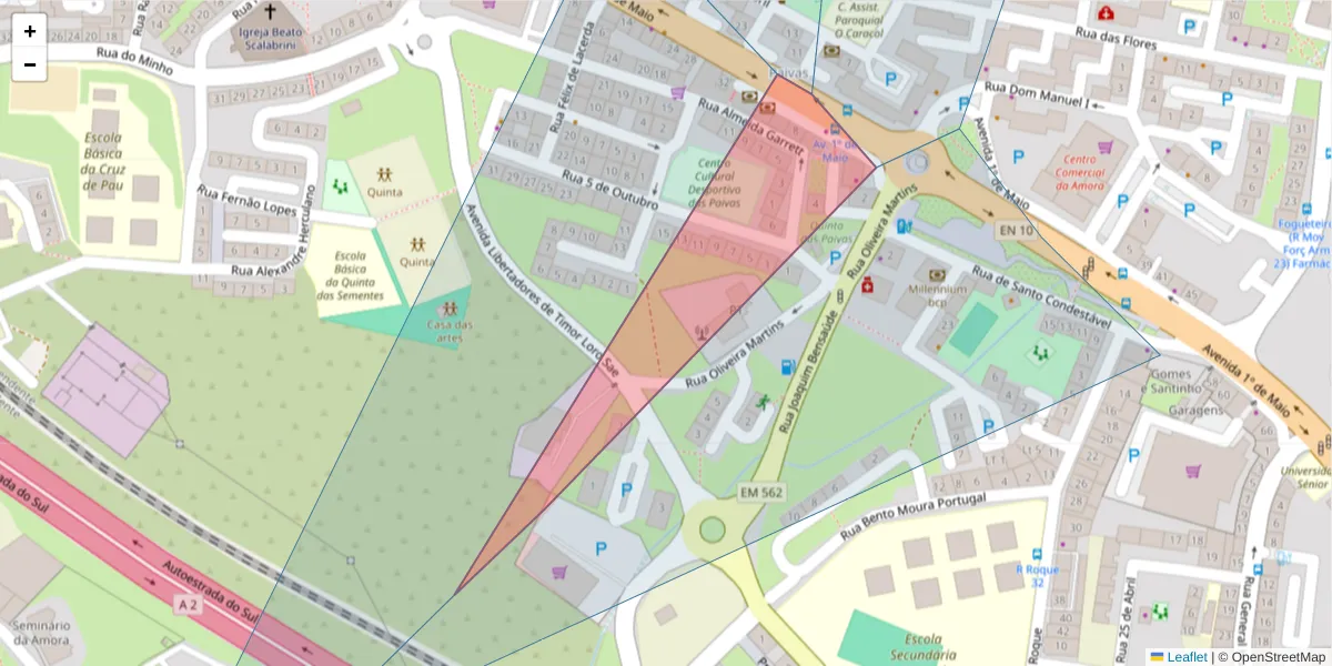 Mapa detalhado do código postal 2845-358 com limites, códigos postais vizinhos e agências dos correios
