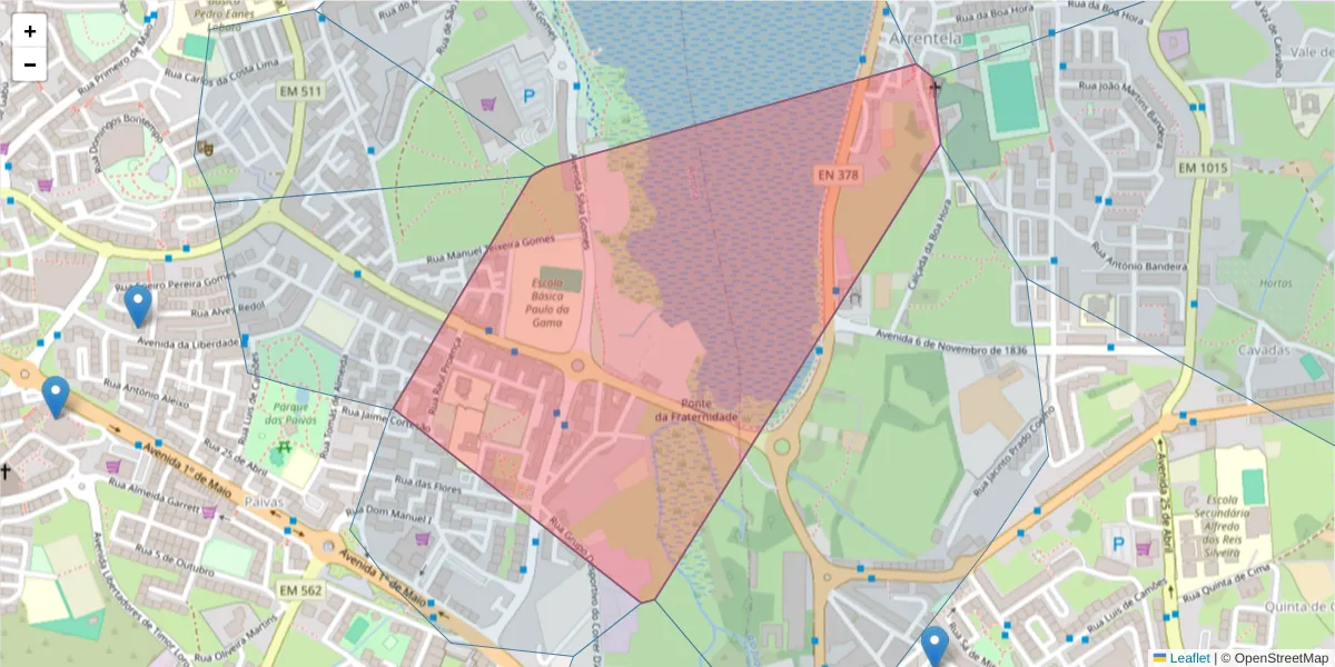Mapa detalhado do código postal 2845-363 com limites, códigos postais vizinhos e agências dos correios