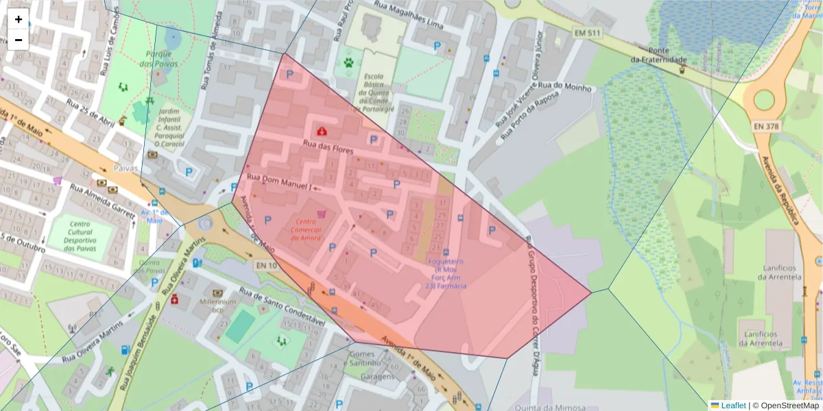 Mapa detalhado do código postal 2845-368 com limites, códigos postais vizinhos e agências dos correios