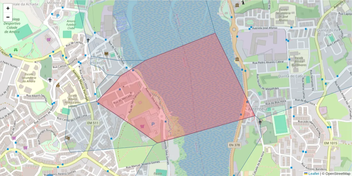 Mapa detalhado do código postal 2845-452 com limites, códigos postais vizinhos e agências dos correios