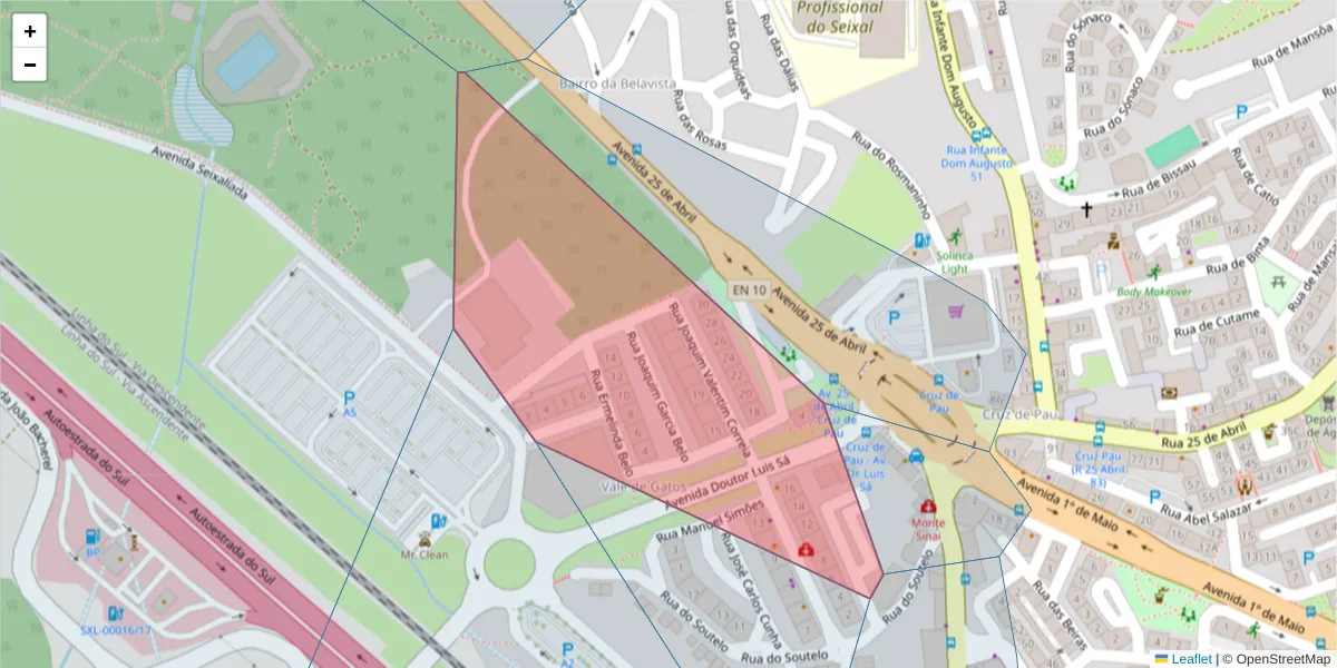 Mapa detalhado do código postal 2845-568 com limites, códigos postais vizinhos e agências dos correios
