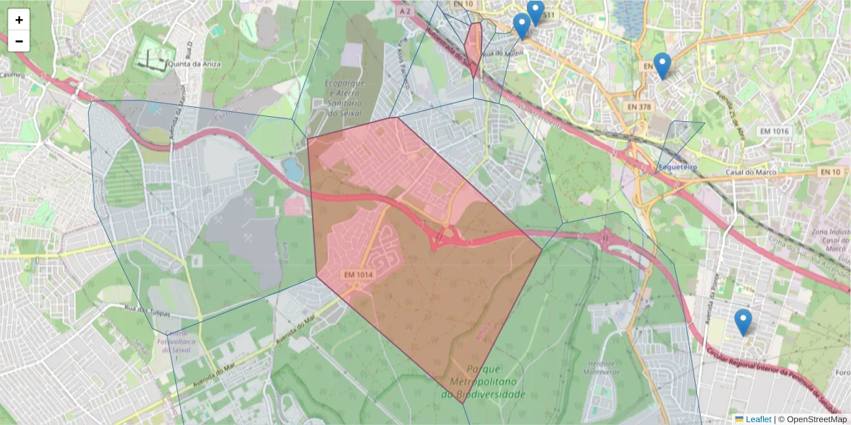 Mapa detalhado do código postal 2845-589 com limites, códigos postais vizinhos e agências dos correios