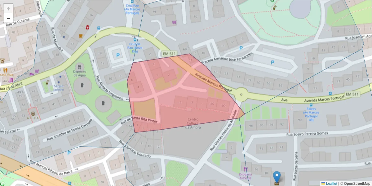 Mapa detalhado do código postal 2845-611 com limites, códigos postais vizinhos e agências dos correios
