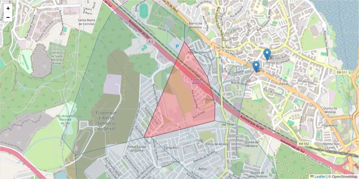 Mapa detalhado do código postal 2845-612 com limites, códigos postais vizinhos e agências dos correios