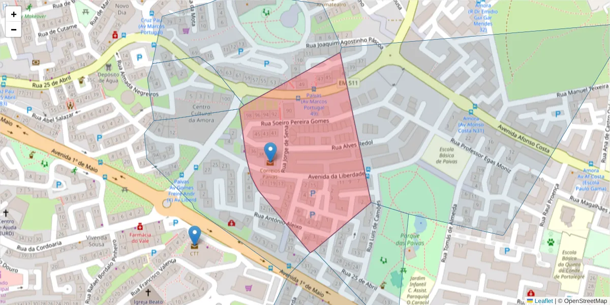 Mapa detalhado do código postal 2845-998 com limites, códigos postais vizinhos e agências dos correios