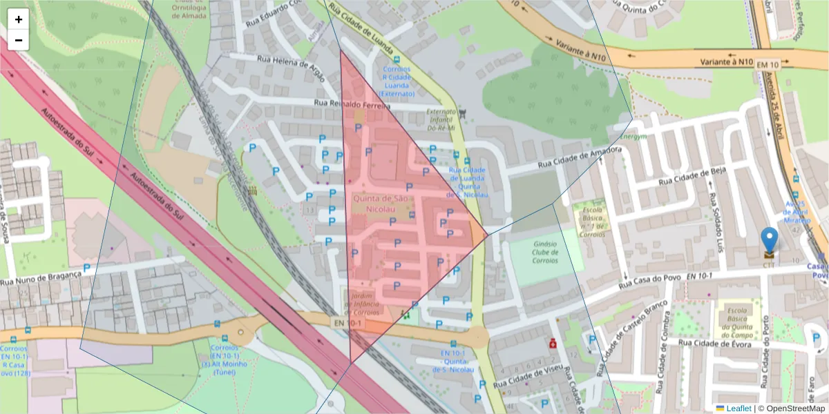 Mapa detalhado do código postal 2855-069 com limites, códigos postais vizinhos e agências dos correios