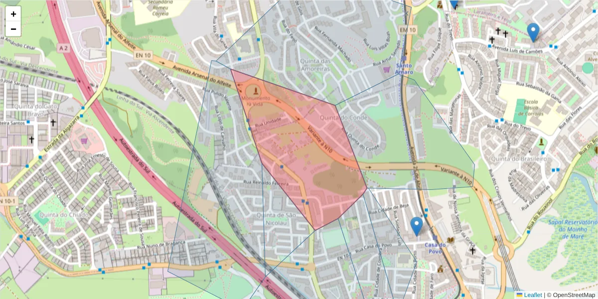 Mapa detalhado do código postal 2855-076 com limites, códigos postais vizinhos e agências dos correios