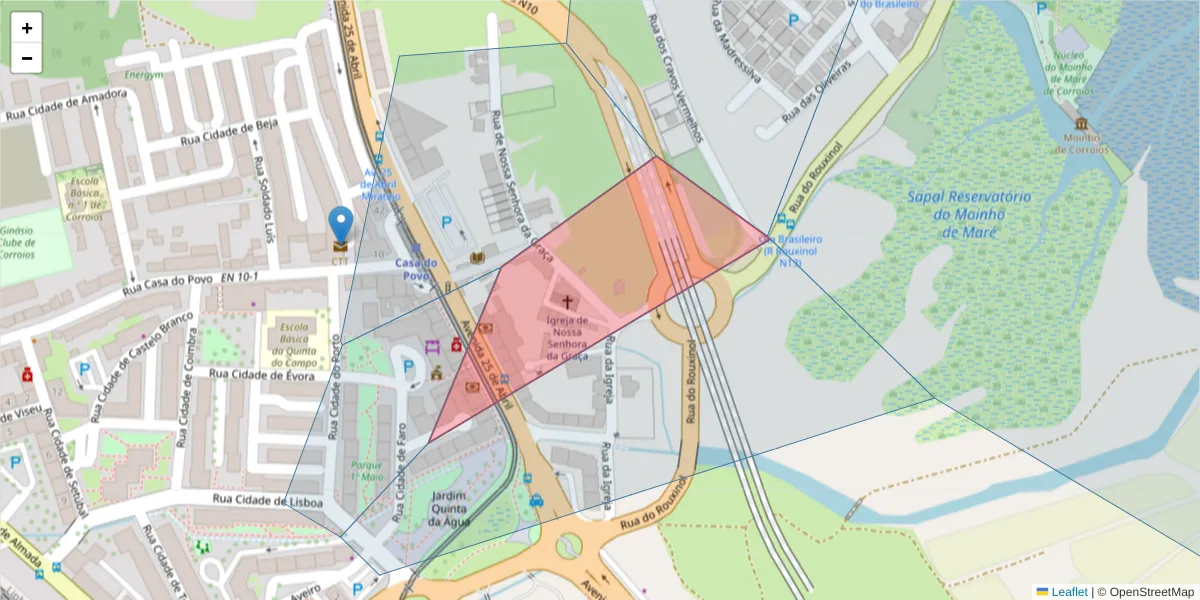 Mapa detalhado do código postal 2855-084 com limites, códigos postais vizinhos e agências dos correios