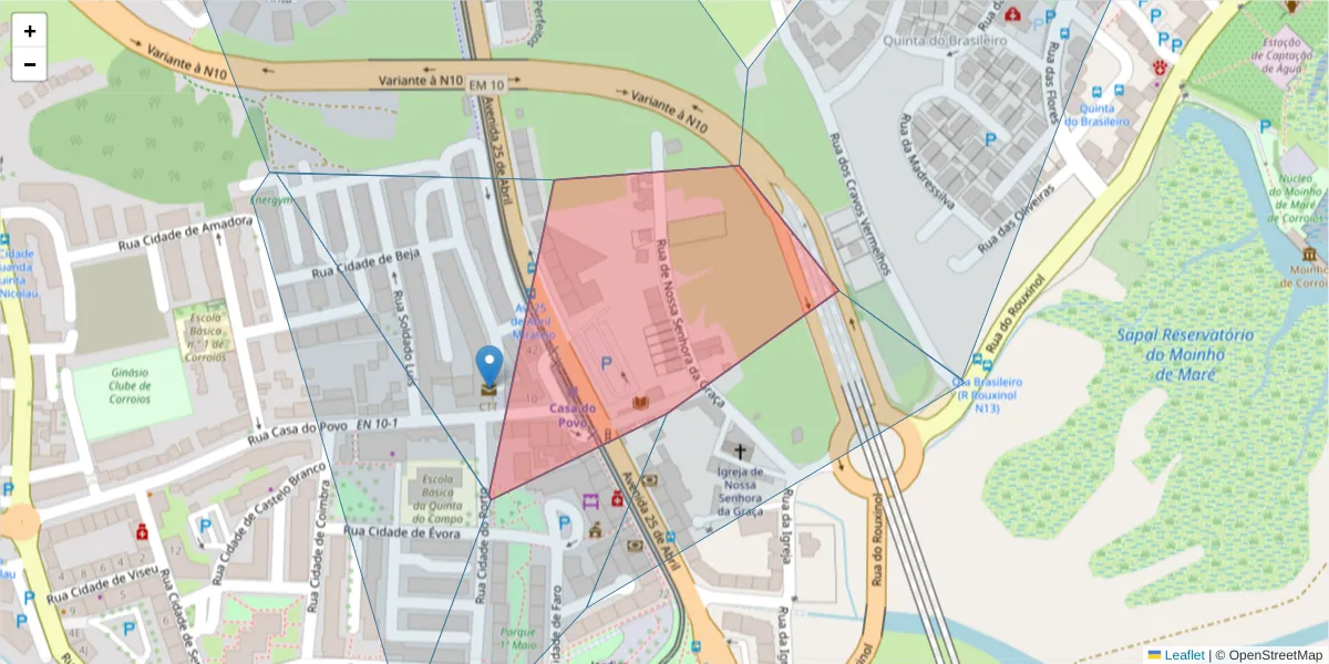 Mapa detalhado do código postal 2855-111 com limites, códigos postais vizinhos e agências dos correios