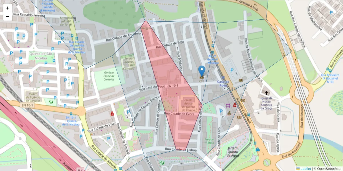Mapa detalhado do código postal 2855-139 com limites, códigos postais vizinhos e agências dos correios