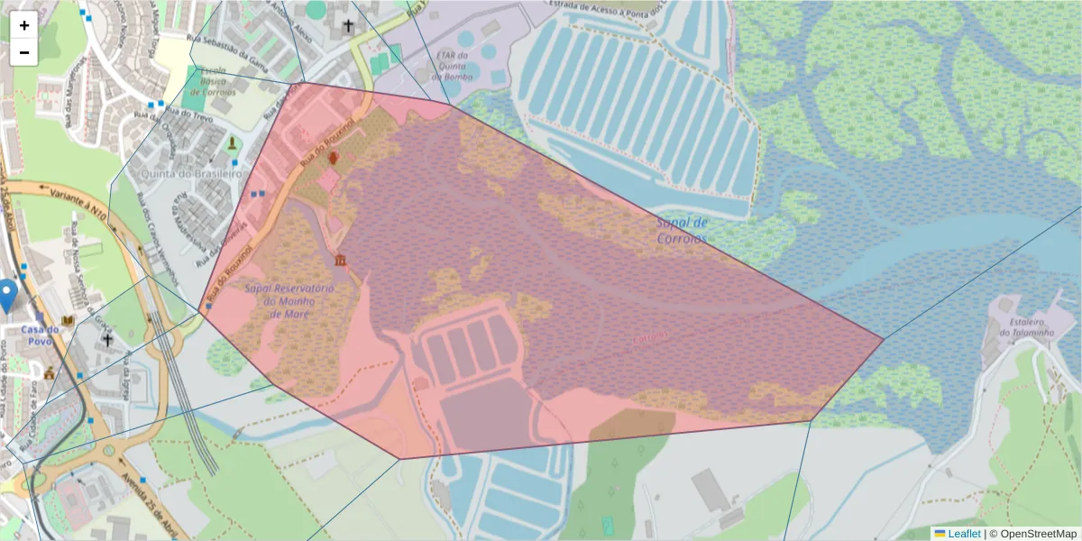 Mapa detalhado do código postal 2855-205 com limites, códigos postais vizinhos e agências dos correios