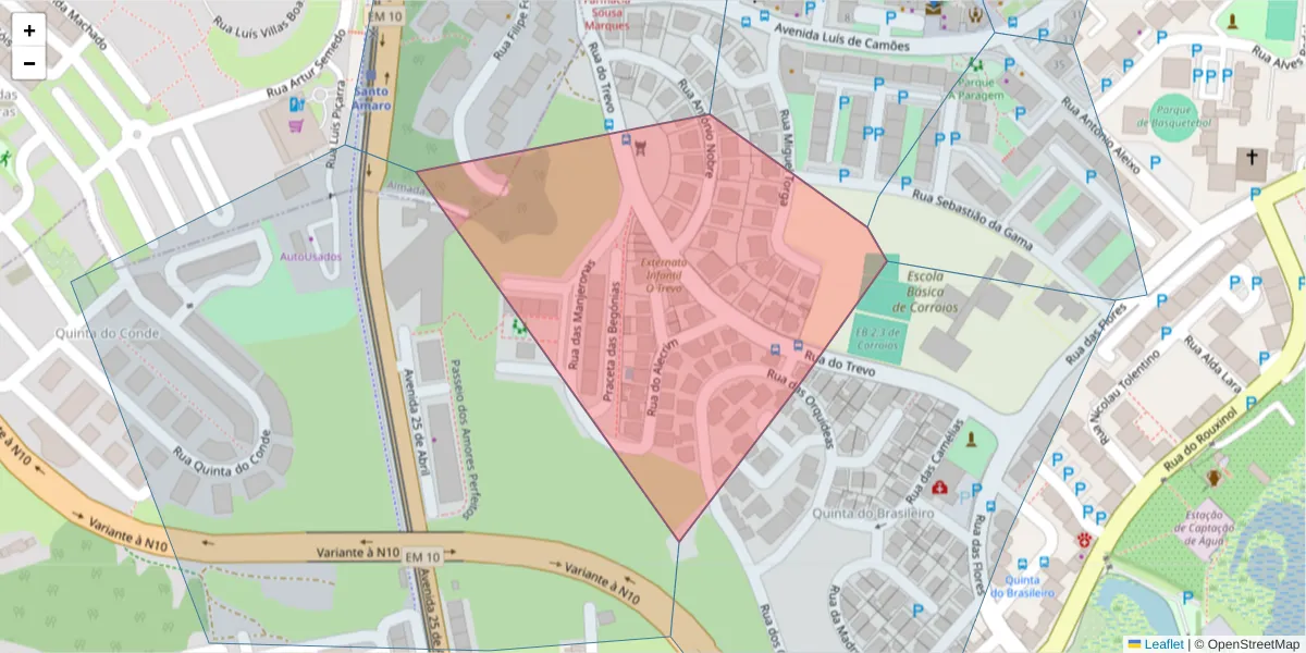 Mapa detalhado do código postal 2855-206 com limites, códigos postais vizinhos e agências dos correios