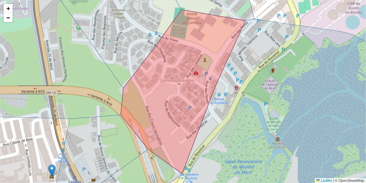 Mapa detalhado do código postal 2855-207 com limites, códigos postais vizinhos e agências dos correios