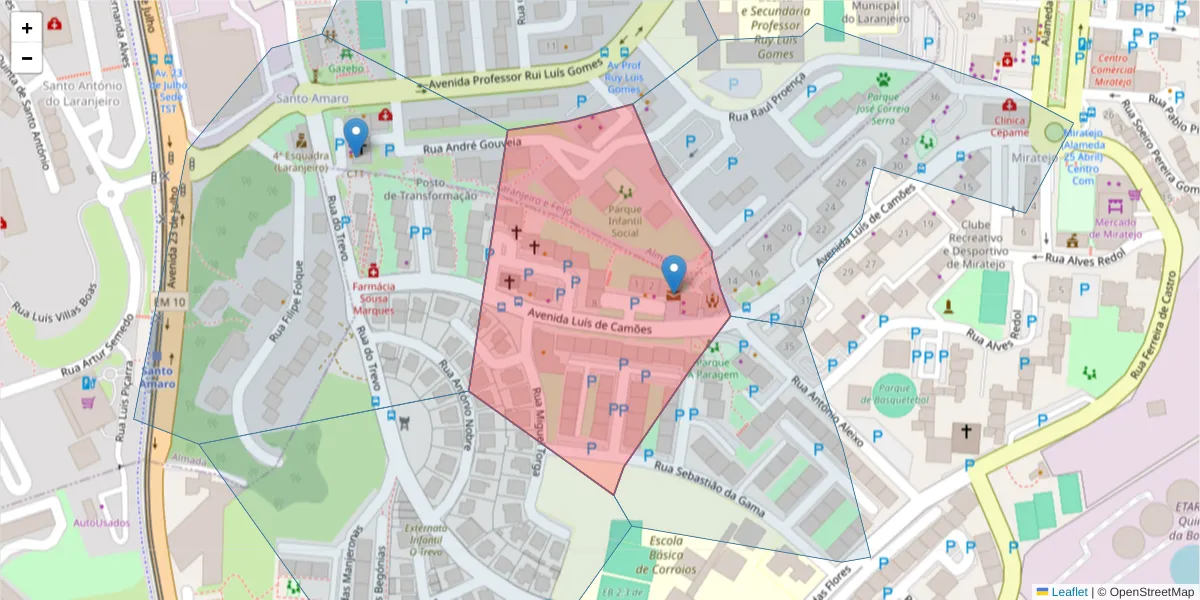 Mapa detalhado do código postal 2855-217 com limites, códigos postais vizinhos e agências dos correios