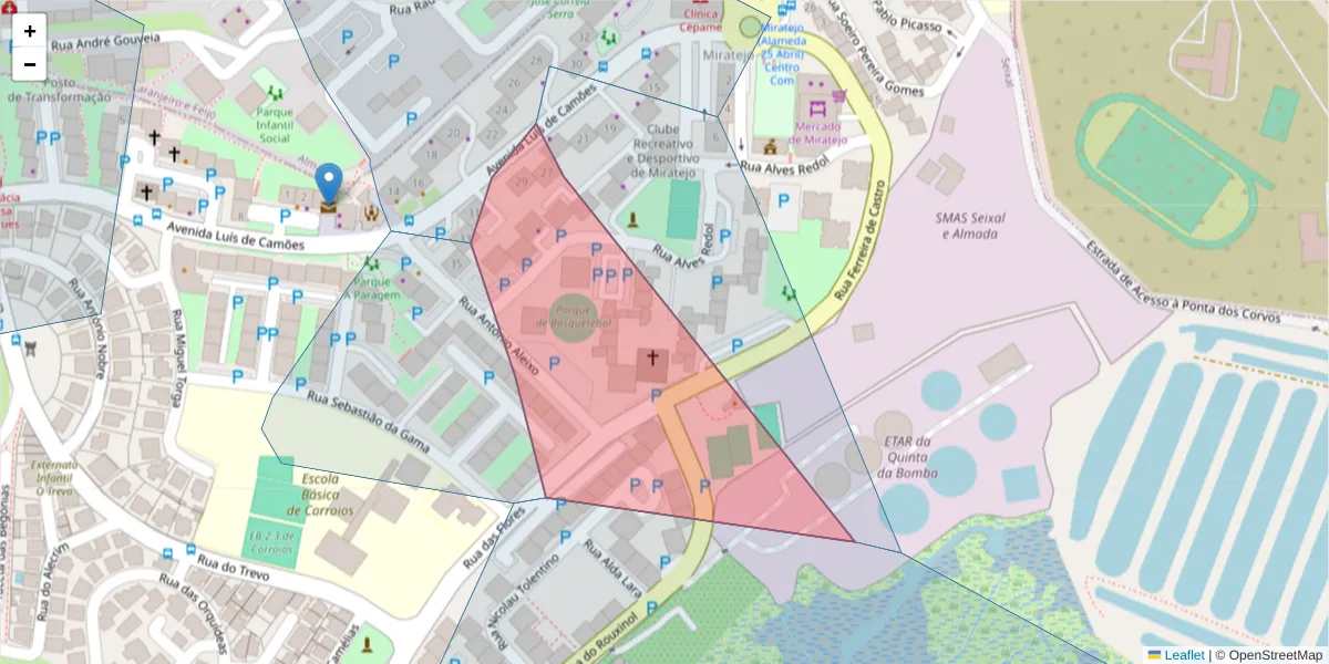 Mapa detalhado do código postal 2855-228 com limites, códigos postais vizinhos e agências dos correios
