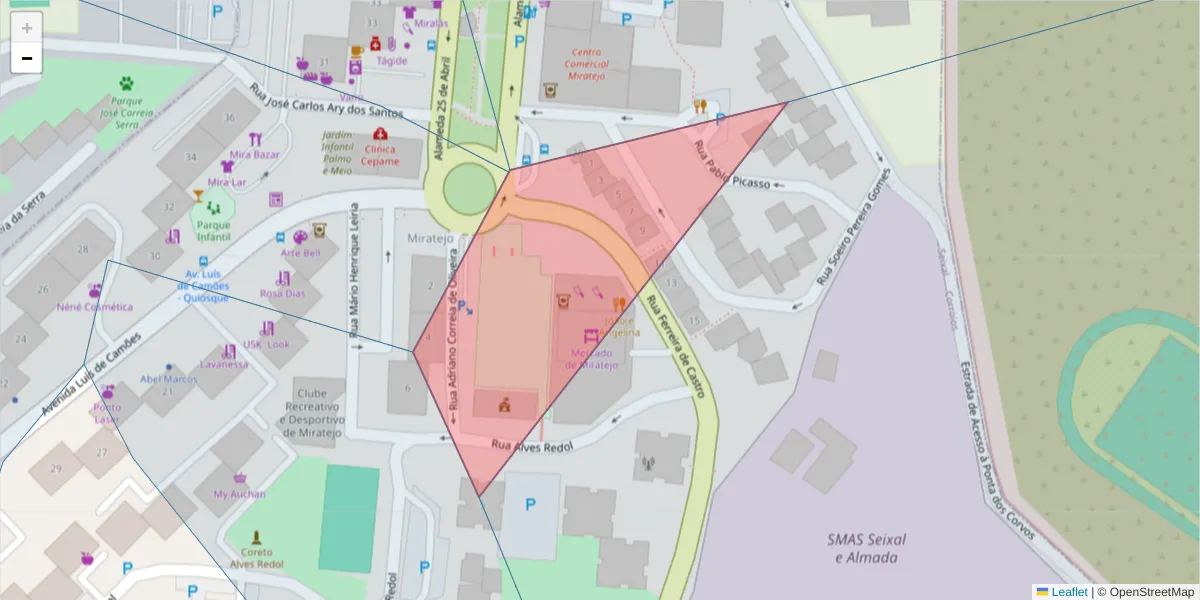 Mapa detalhado do código postal 2855-246 com limites, códigos postais vizinhos e agências dos correios