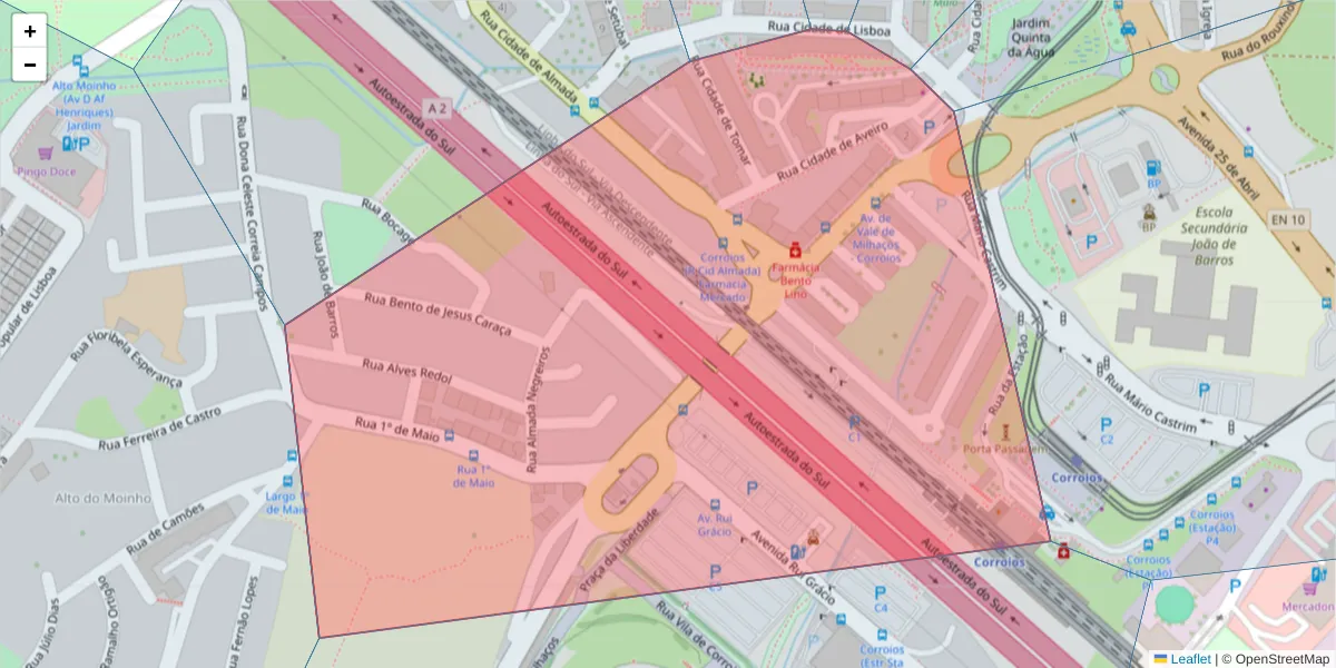 Mapa detalhado do código postal 2855-356 com limites, códigos postais vizinhos e agências dos correios