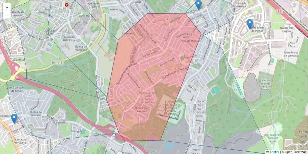 Mapa detalhado do código postal 2855-398 com limites, códigos postais vizinhos e agências dos correios