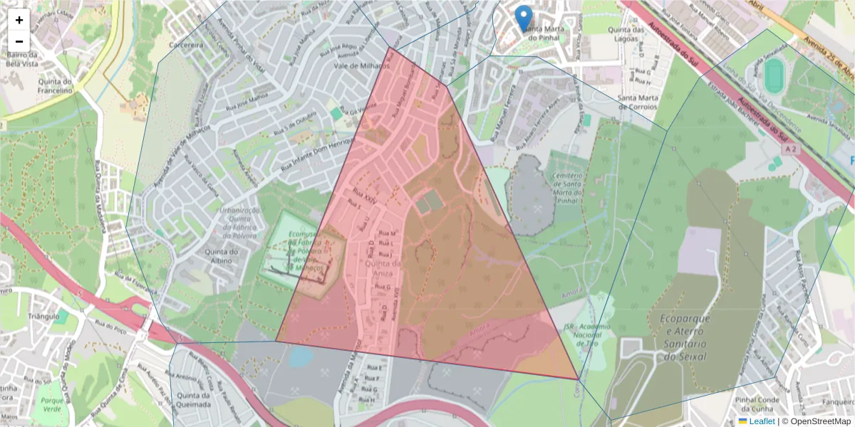 Mapa detalhado do código postal 2855-454 com limites, códigos postais vizinhos e agências dos correios