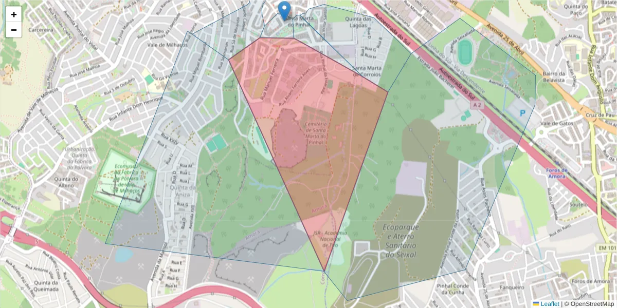 Mapa detalhado do código postal 2855-597 com limites, códigos postais vizinhos e agências dos correios