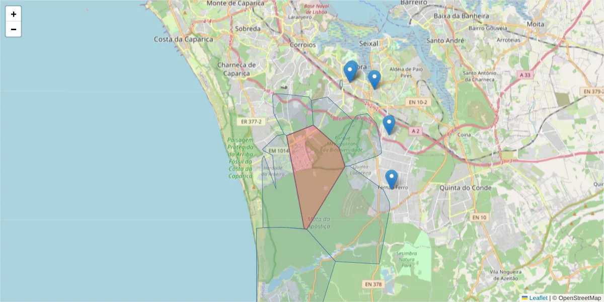 Mapa detalhado do código postal 2855-611 com limites, códigos postais vizinhos e agências dos correios