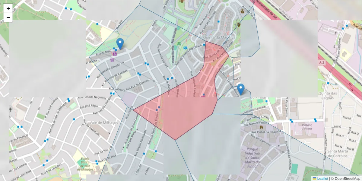 Mapa detalhado do código postal 2855-696 com limites, códigos postais vizinhos e agências dos correios