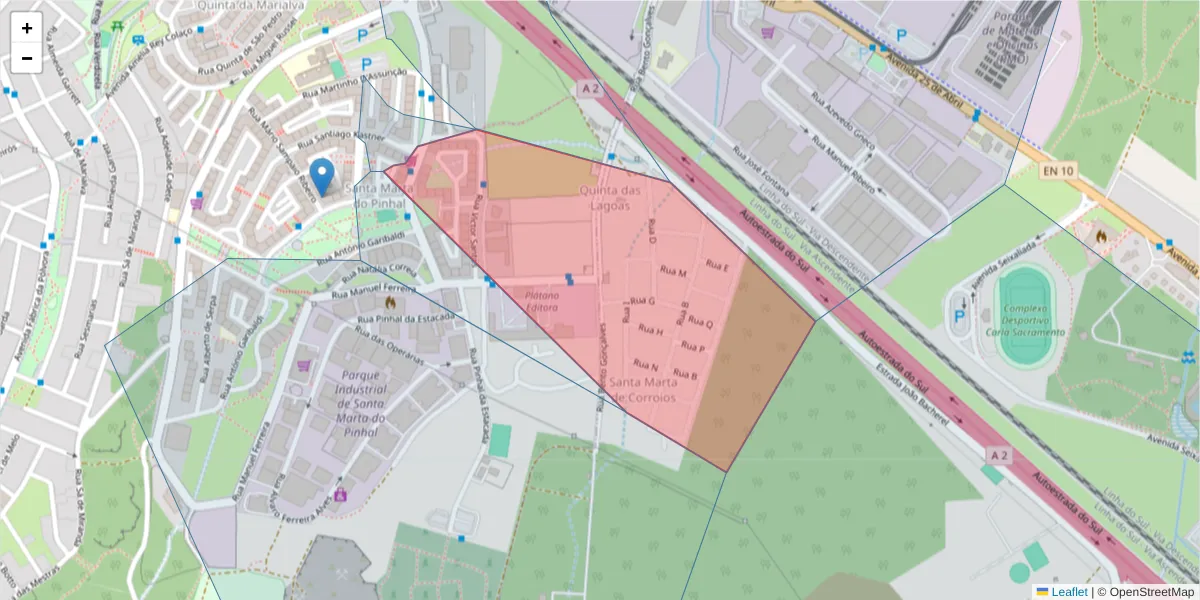 Mapa detalhado do código postal 2855-708 com limites, códigos postais vizinhos e agências dos correios