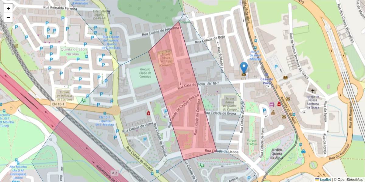 Mapa detalhado do código postal 2855 com limites, códigos postais vizinhos e agências dos correios
