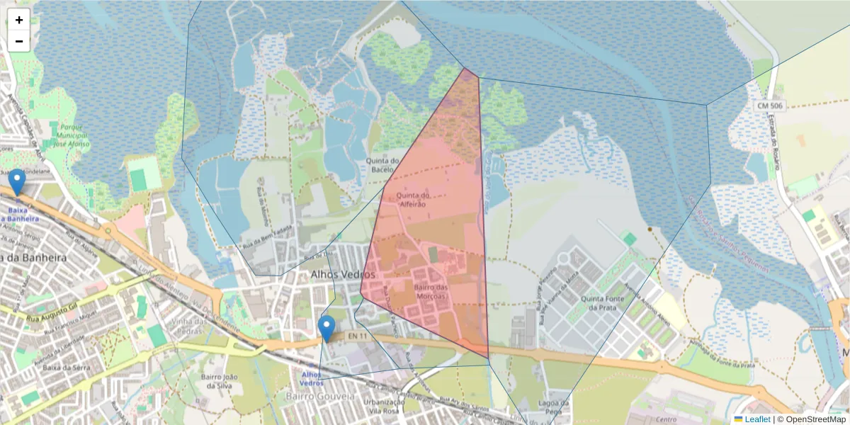 Mapa detalhado do código postal 2860-000 com limites, códigos postais vizinhos e agências dos correios