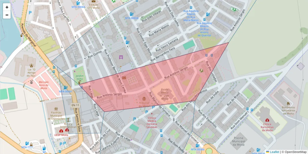Mapa detalhado do código postal 2860-002 com limites, códigos postais vizinhos e agências dos correios