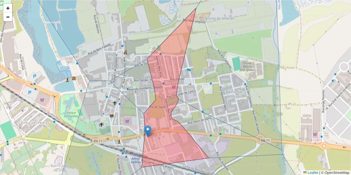 Mapa detalhado do código postal 2860-020 com limites, códigos postais vizinhos e agências dos correios
