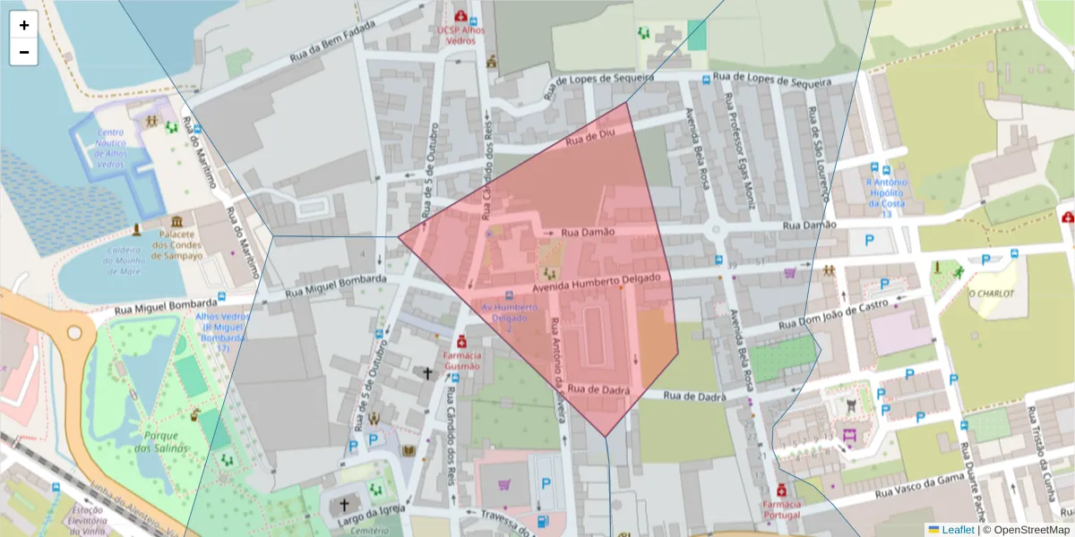 Mapa detalhado do código postal 2860-021 com limites, códigos postais vizinhos e agências dos correios