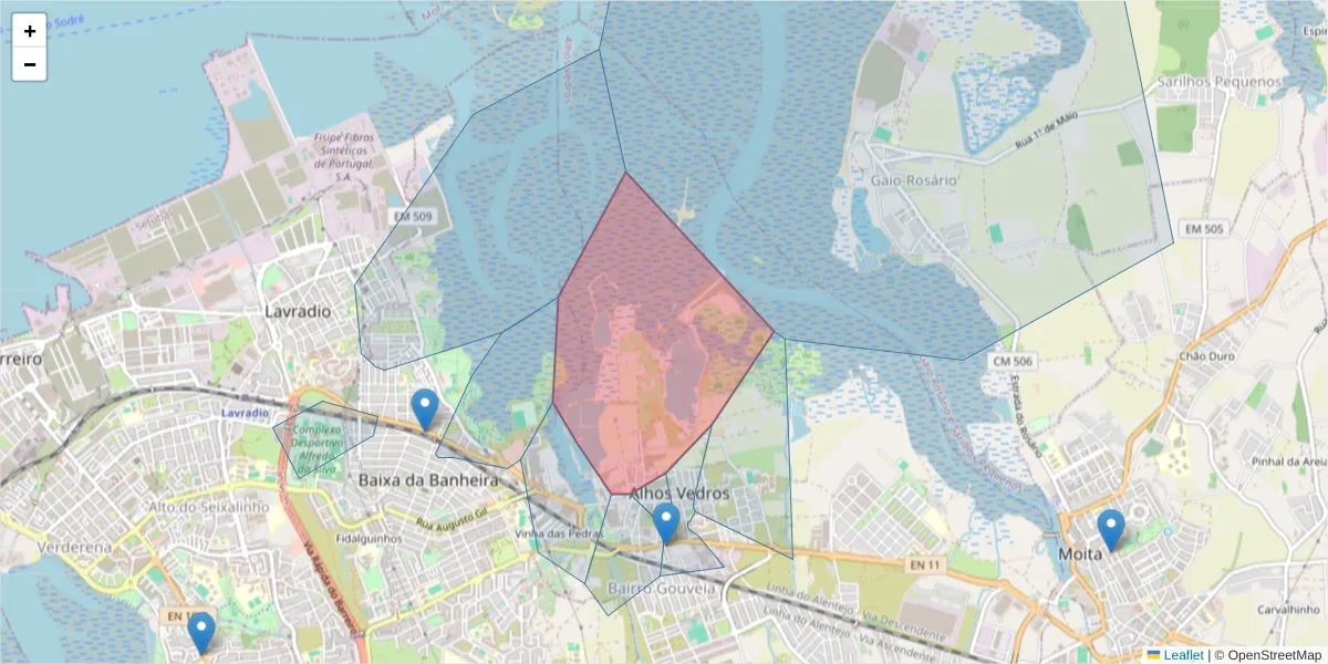 Mapa detalhado do código postal 2860-026 com limites, códigos postais vizinhos e agências dos correios