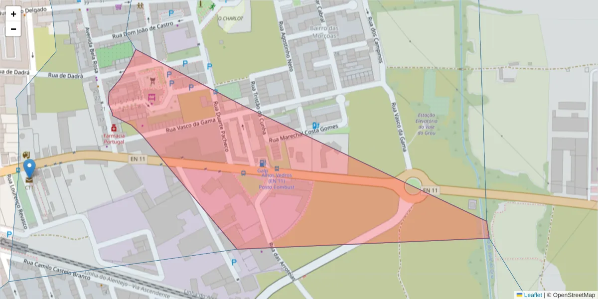 Mapa detalhado do código postal 2860-062 com limites, códigos postais vizinhos e agências dos correios