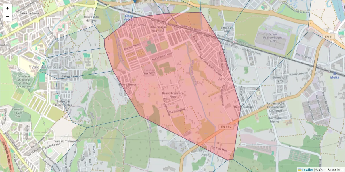 Mapa detalhado do código postal 2860-199 com limites, códigos postais vizinhos e agências dos correios