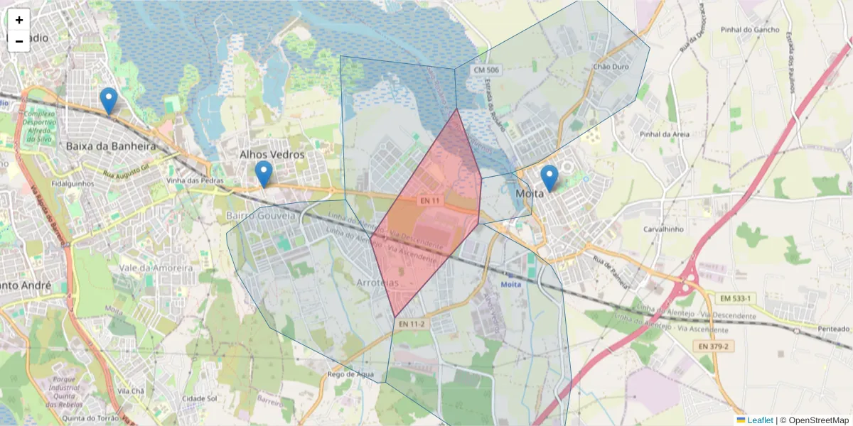 Mapa detalhado do código postal 2860-272 com limites, códigos postais vizinhos e agências dos correios