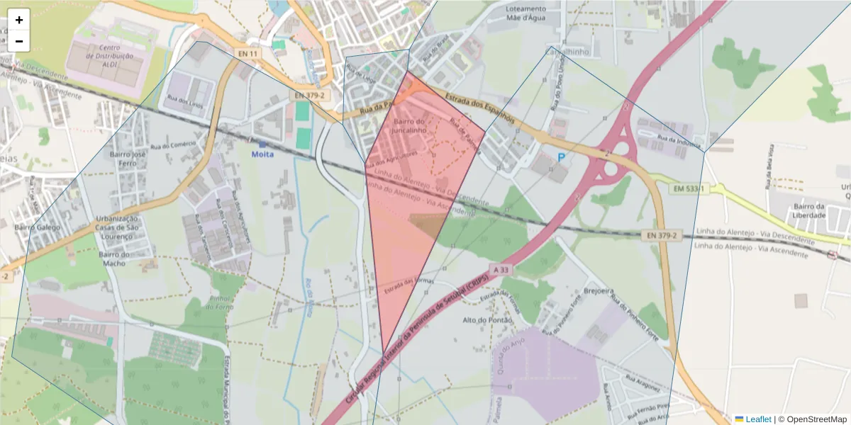 Mapa detalhado do código postal 2860-450 com limites, códigos postais vizinhos e agências dos correios