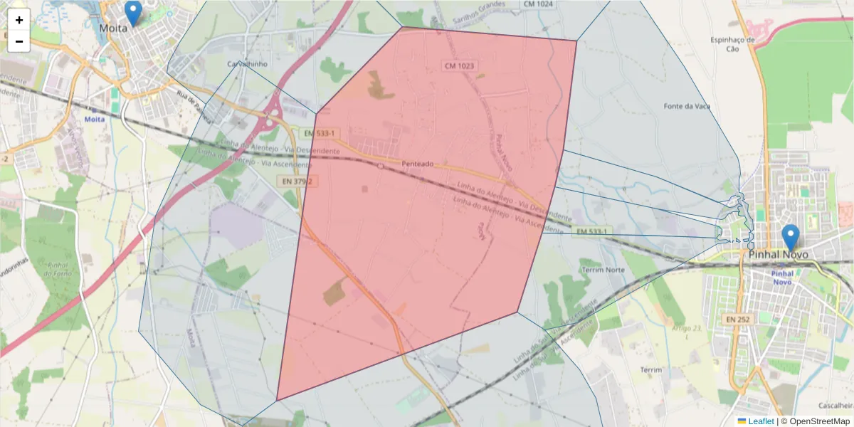 Mapa detalhado do código postal 2860-558 com limites, códigos postais vizinhos e agências dos correios