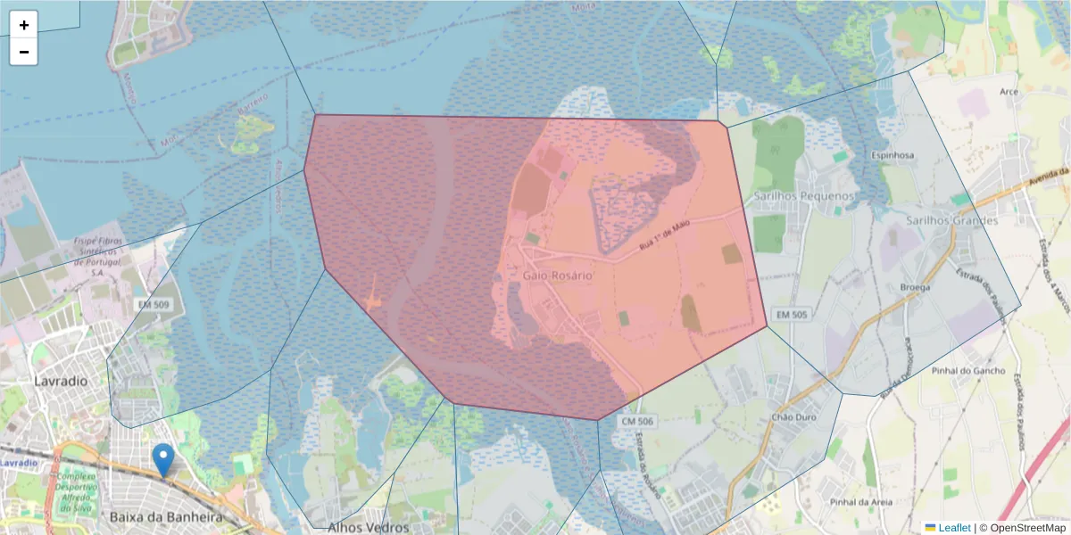 Mapa detalhado do código postal 2860-633 com limites, códigos postais vizinhos e agências dos correios