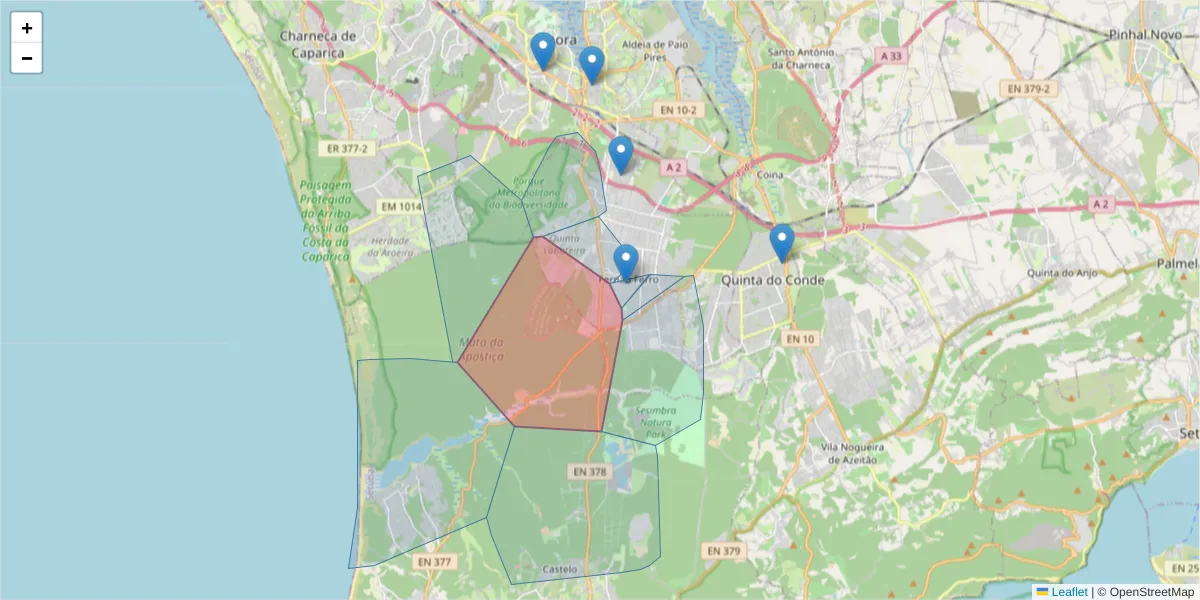 Mapa detalhado do código postal 2865-300 com limites, códigos postais vizinhos e agências dos correios