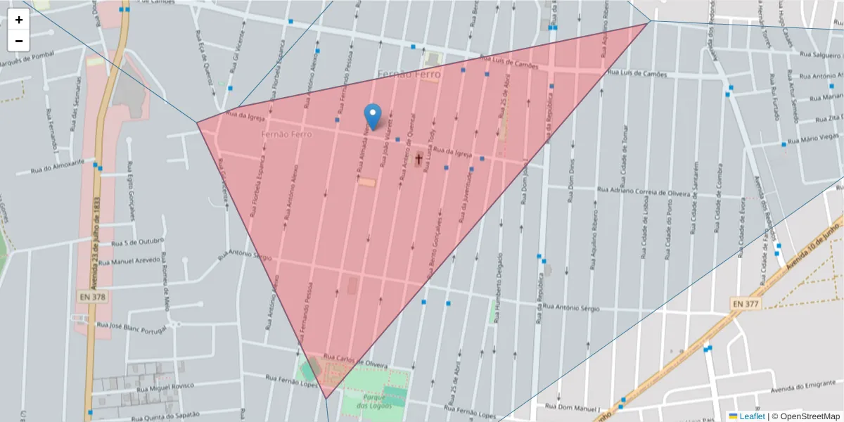 Mapa detalhado do código postal 2865-723 com limites, códigos postais vizinhos e agências dos correios