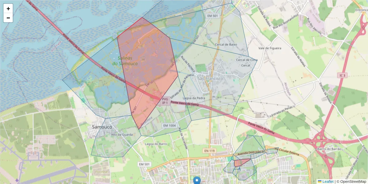 Mapa detalhado do código postal 2870-000 com limites, códigos postais vizinhos e agências dos correios