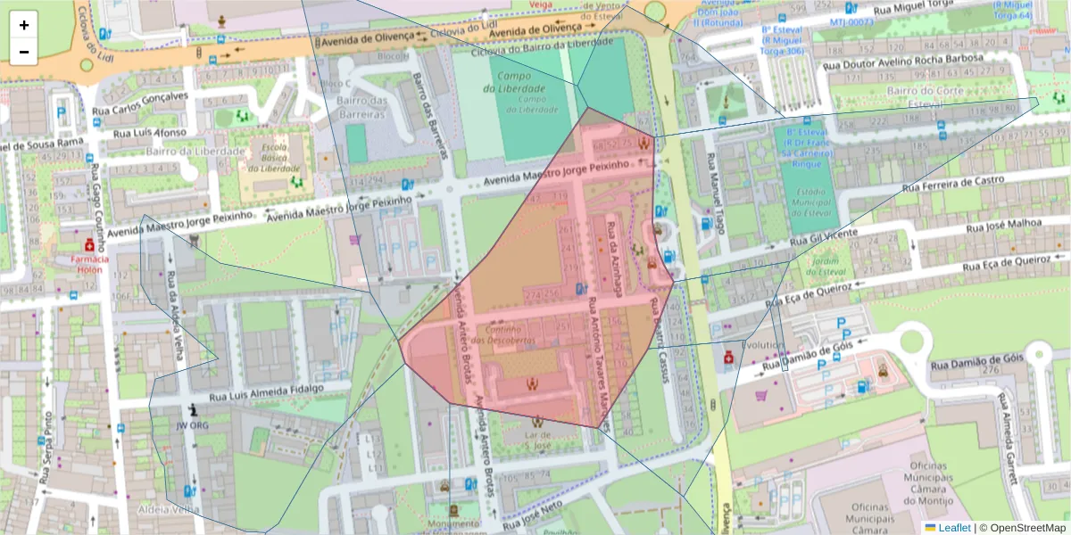 Mapa detalhado do código postal 2870-044 com limites, códigos postais vizinhos e agências dos correios