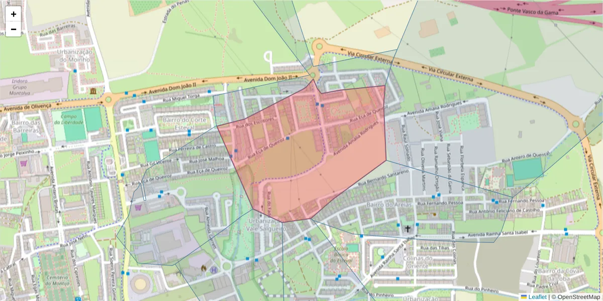 Mapa detalhado do código postal 2870-065 com limites, códigos postais vizinhos e agências dos correios
